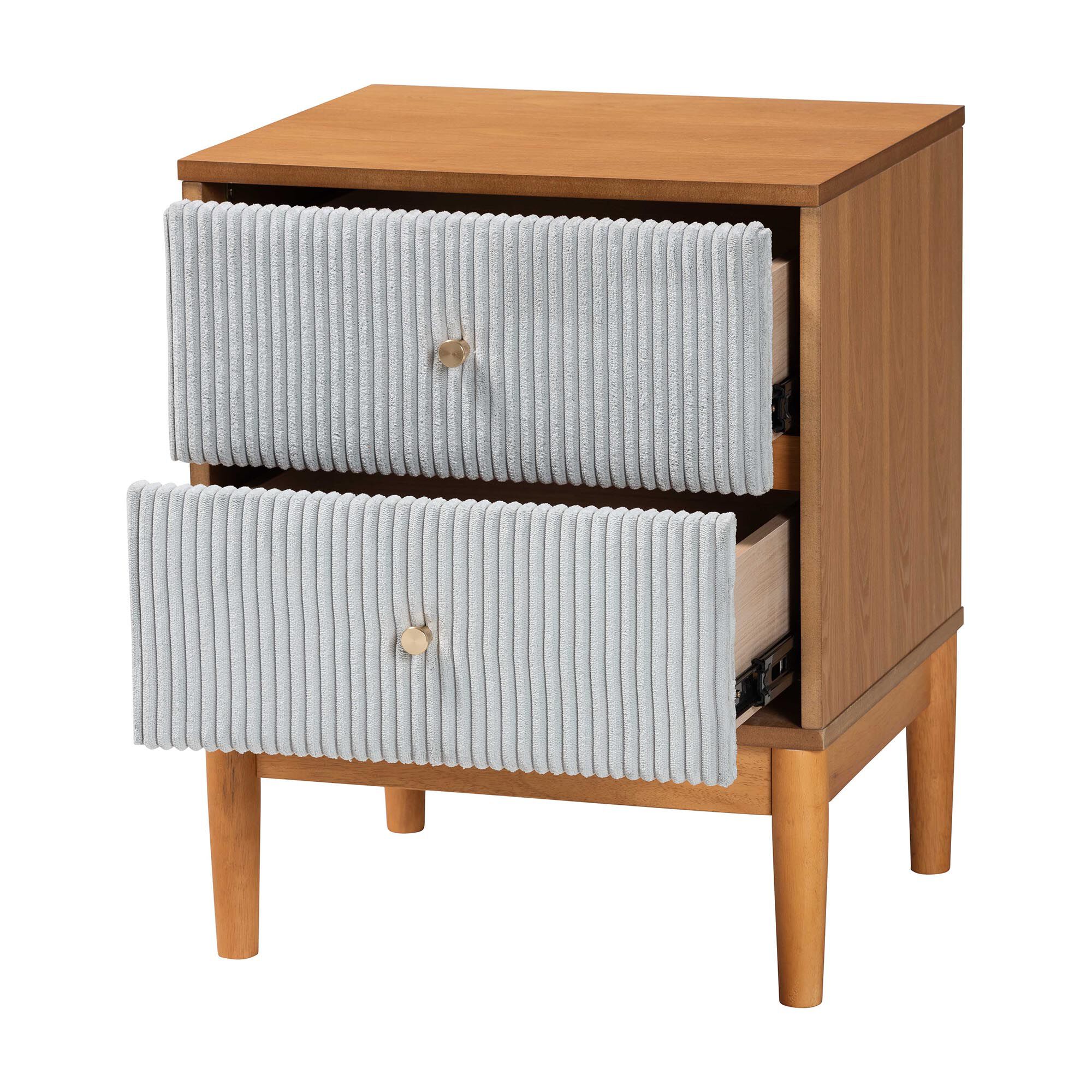 Taylin Mid-Century Grey Corduroy and Oak Brown Wood 2-Drawer Nightstand, GREY, alternate image number 2