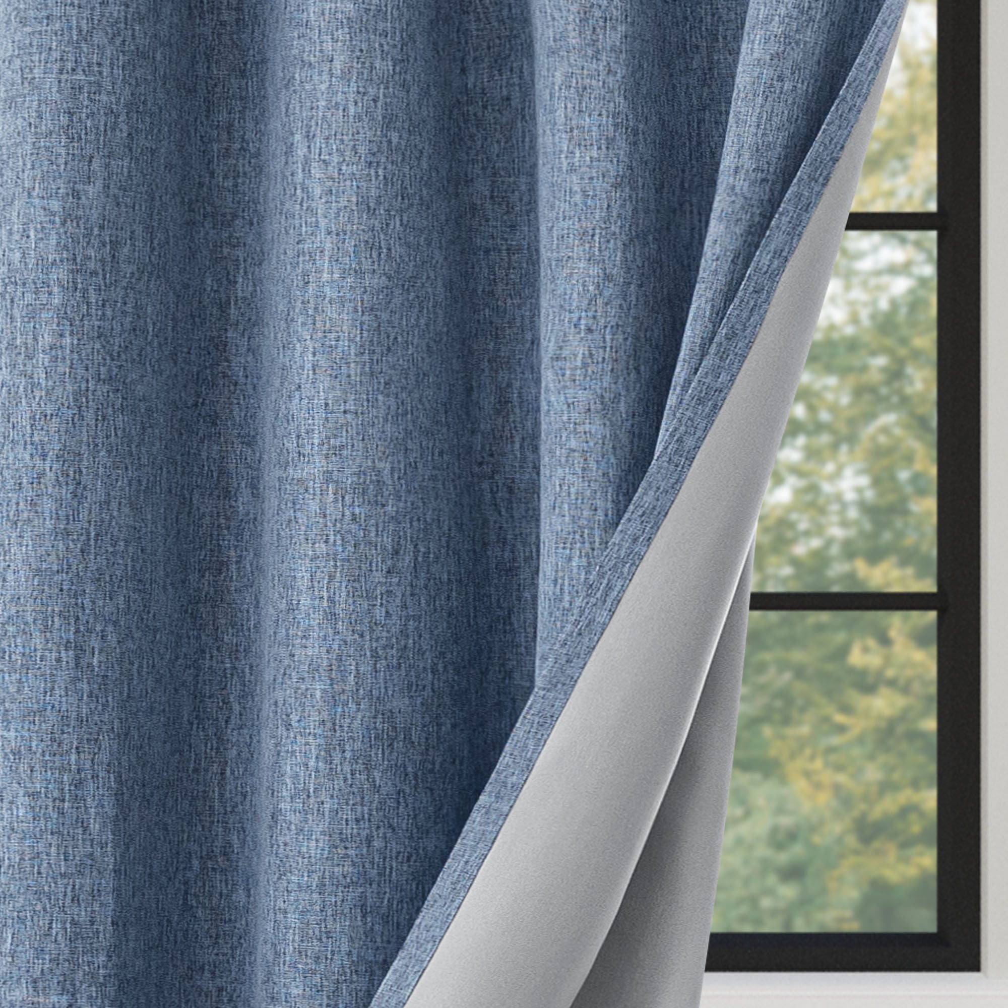 Linen Texture 100% Blackout Grommet Pair, HEATHER NAVY, on-hover image number 1