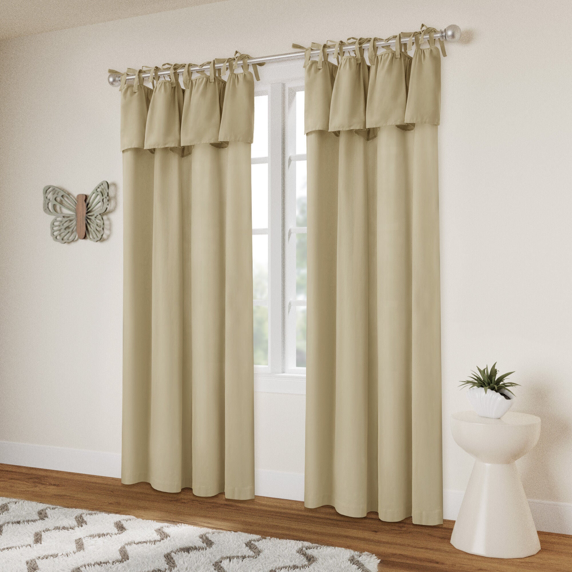 Recycled Cotton Blend Ruffle Tie Top Curtain Pair, LINEN, alternate image number 2