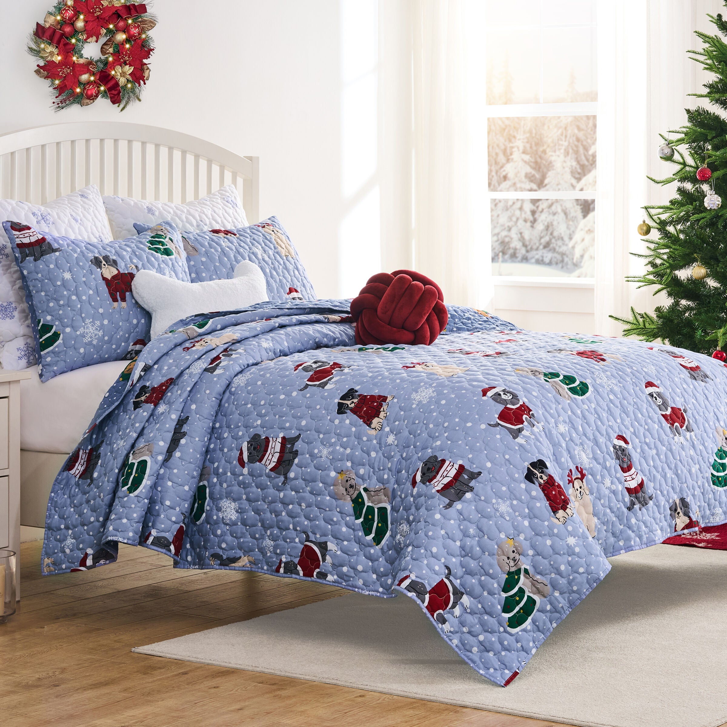 Winter Whiskers Festive Holiday Pets Finely Stitched Quilt Set, BLUE, hi-res image number 0