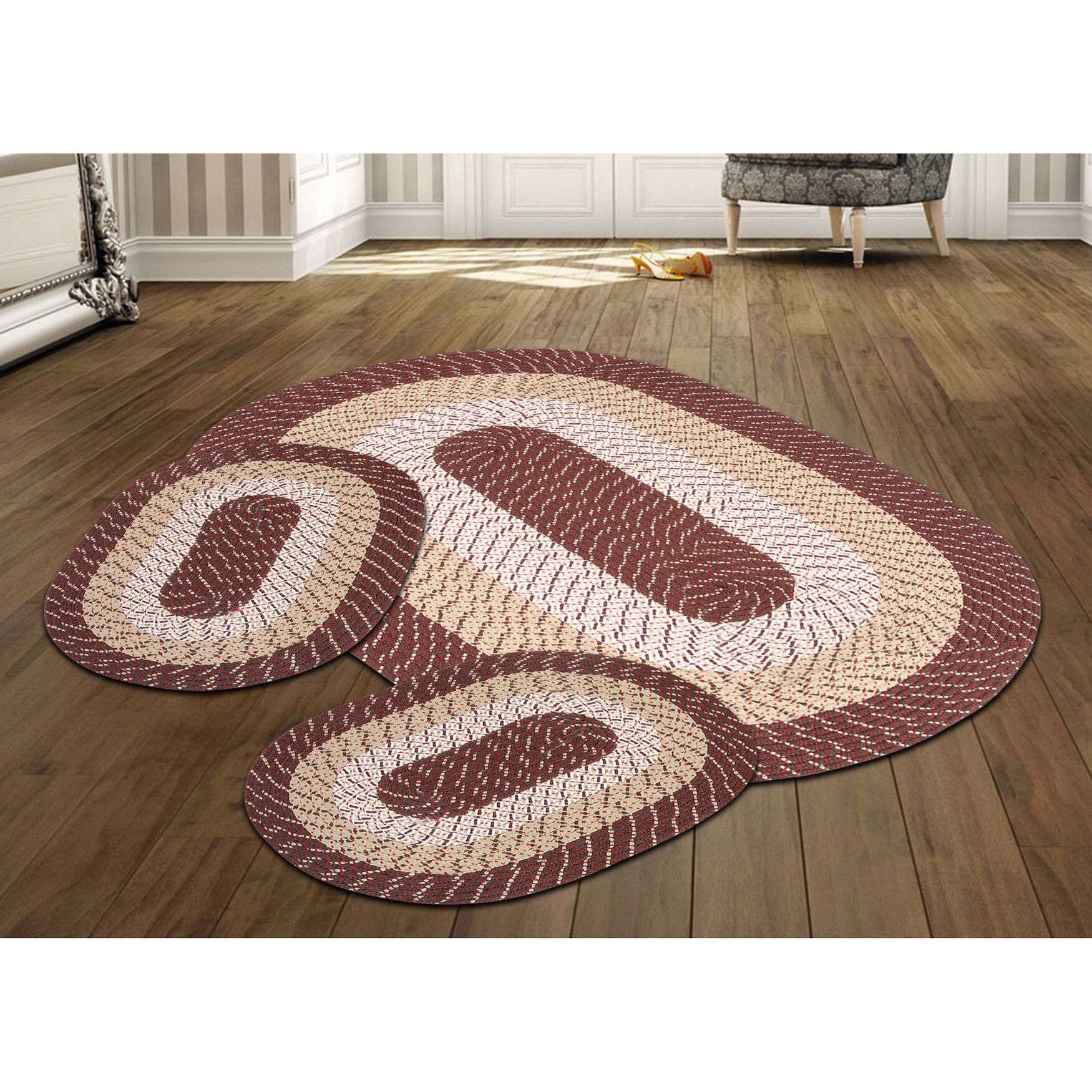 Country Braid Collection 3pc Set Stain Resistant Reversible Indoor Oval Area Rug, BROWN STRIPE, hi-res image number 0