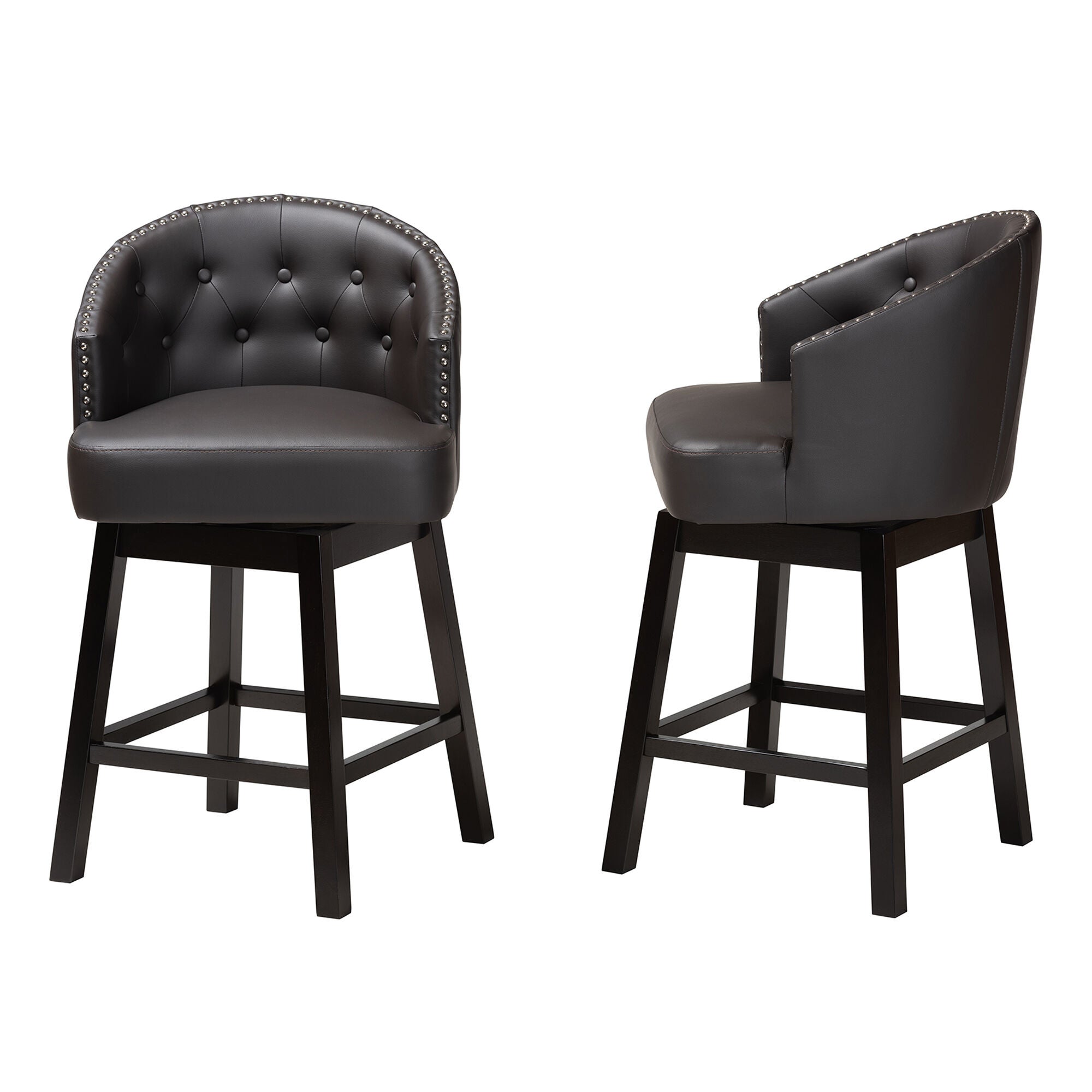 Theron Mid-Century Transitional Black Faux Leather and Espresso Brown Finished Wood 2-Piece Swivel Counter Stool Set, BROWN, alternate image number 10