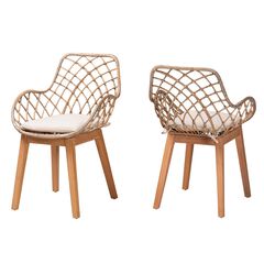 Ballerina Modern Bohemian Greywashed Rattan And Natural Brown Finished Wood 2-Piece Dining Chair Set