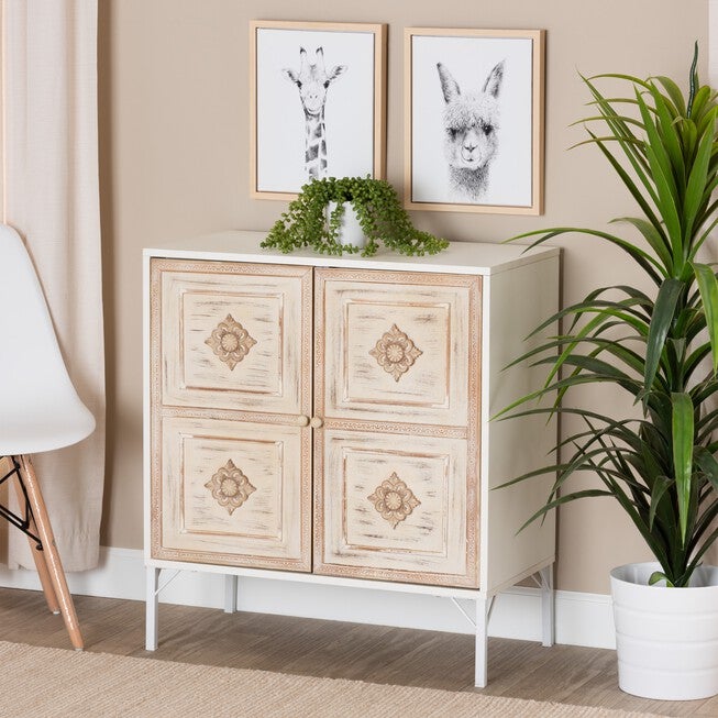 Favian Classic And Traditional Two-Tone White And Weathered Brown Finished Wood And White Metal 2-Door Sideboard, , alternate image number null