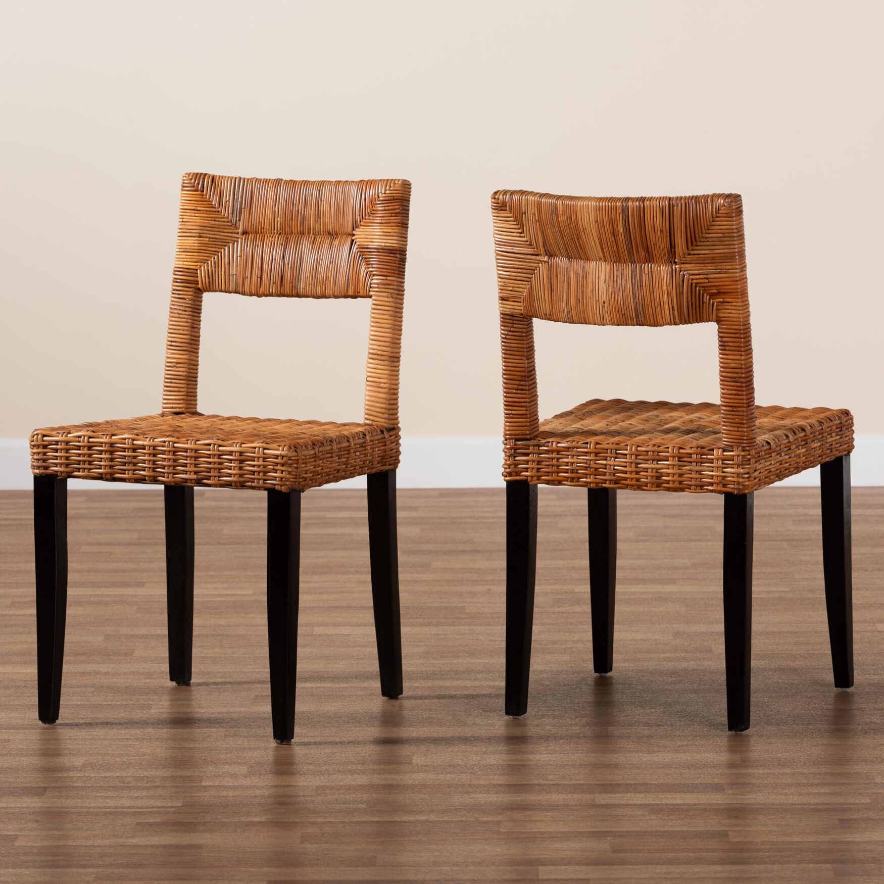Manrico Modern Bohemian Dark Brown Finished Wood And Natural Rattan 2-Piece Dining Chair Set, , alternate image number 7