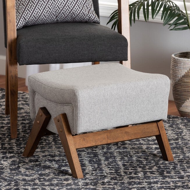 Hanson Mid-Century Modern Dark Grey Fabric And Walnut Brown Finished Wood Ottoman, , alternate image number 4