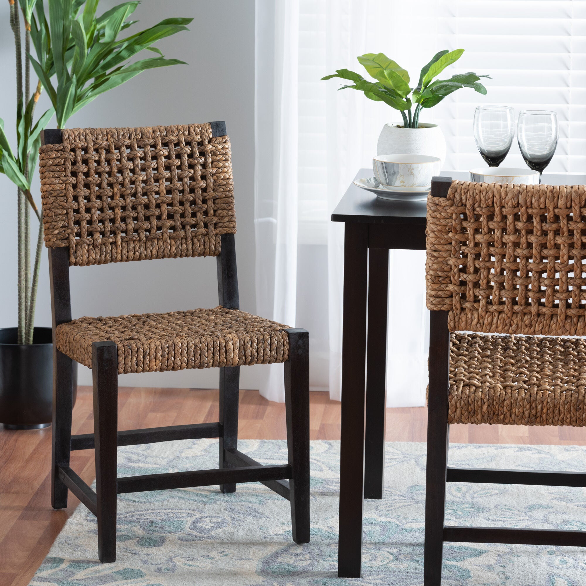Alise Modern Bohemian Dark Brown Mahogany Wood and Seagrass Dining Chair, BROWN, hi-res image number 0