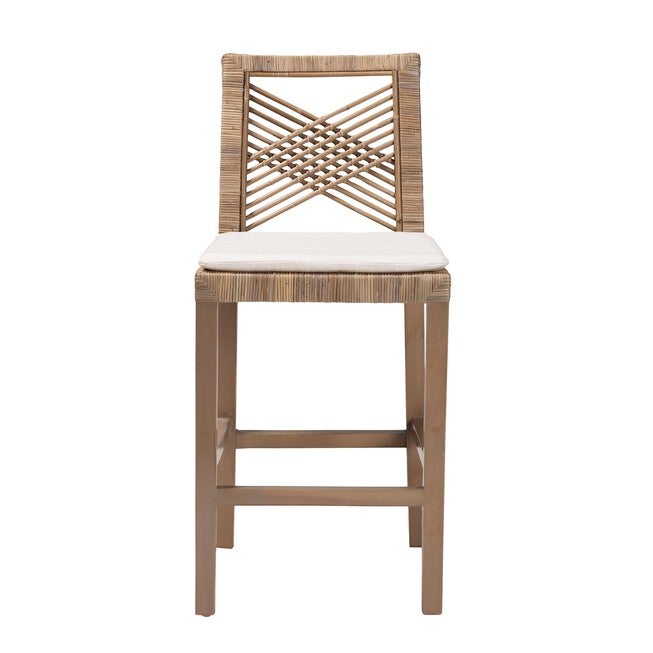Poltak Modern Bohemian Grey Natural Kubu Rattan And Mahogany Wood Counter Stool, , on-hover image number 1