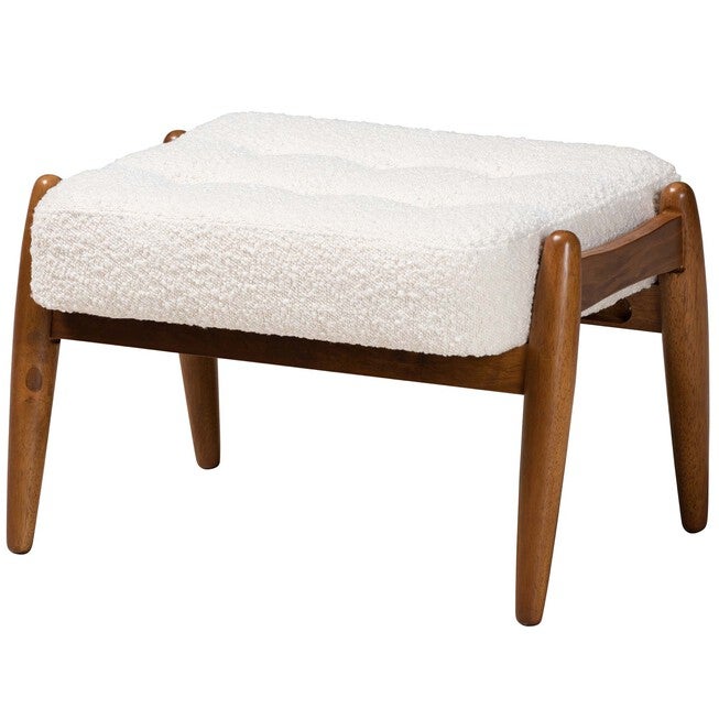 Jeanine Japandi Cream Boucle Fabric And Walnut Brown Finished Rubberwood Ottoman Footstool, CREAM WALNUT BROWN, hi-res image number null