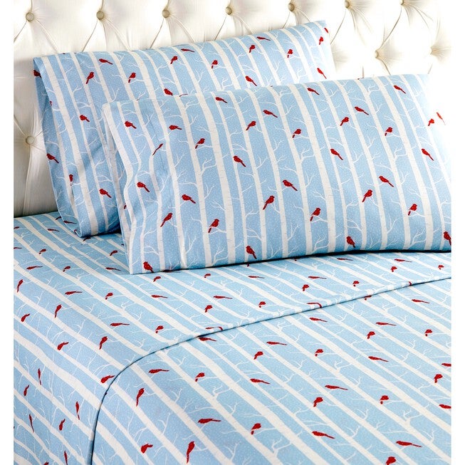 Micro Flannel® Blue Cardinal Bird Print Sheet Set, BLUE, hi-res image number 0