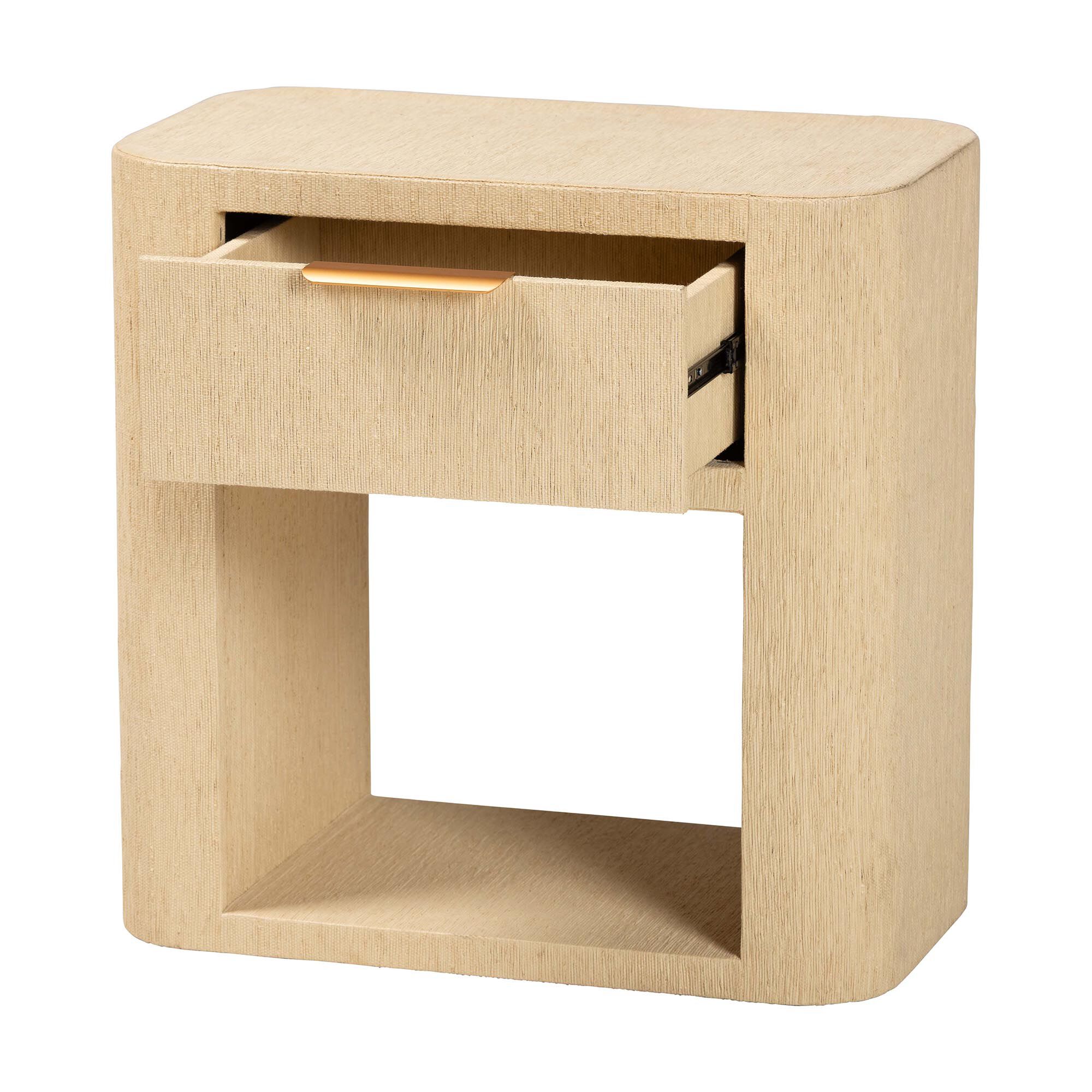 Taupe grasscloth nightstand with open shelf.