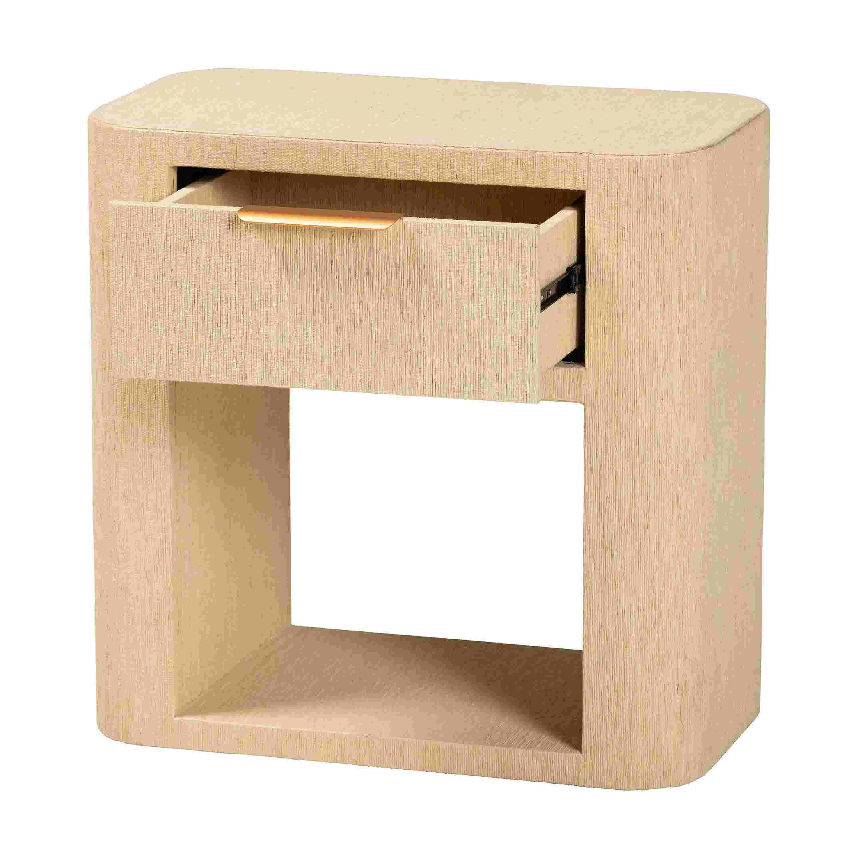 Taupe grasscloth nightstand with open shelf.