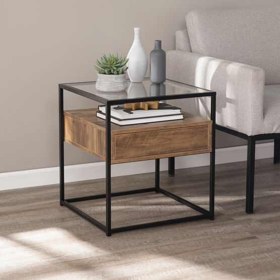 Olivern Glass-Top End Table w/ Storage, BROWN, hi-res image number null