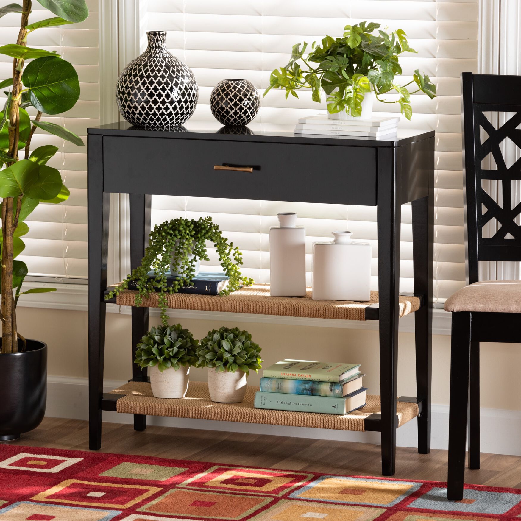 Freya Modern Bohemian Black Finished Bayur Wood 1-Drawer Console Table, , alternate image number 7