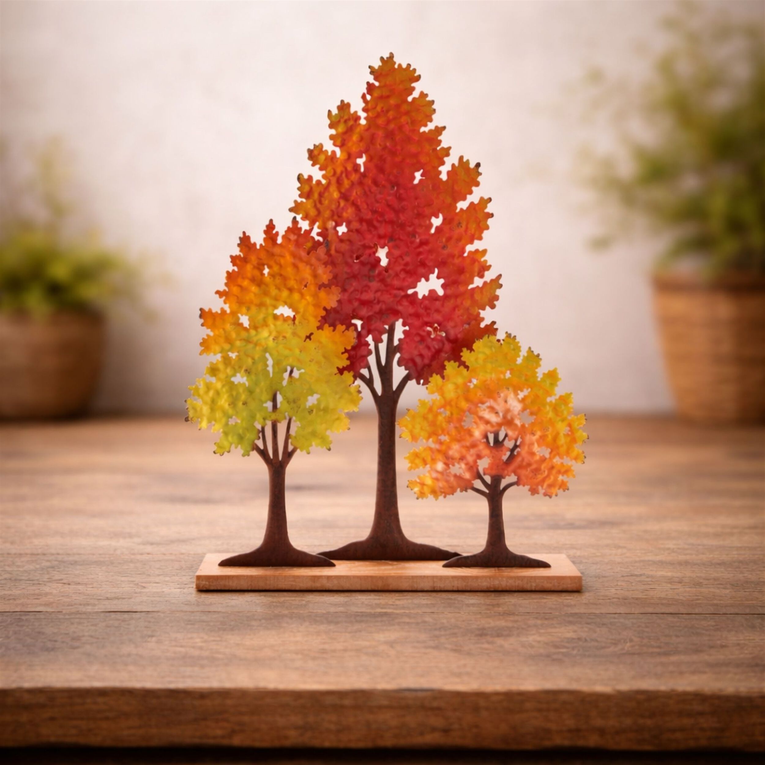 Cut-Out Metal Trees on Wood Base 24.5 inchesH, RED YELLO ORANGE, alternate image number 3