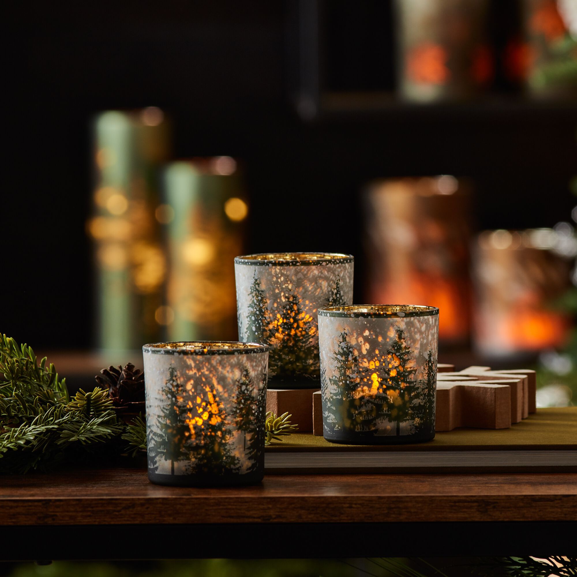 Frosted Pine Mercury Glass Candle Holder (Set of 3), GREEN GREY GOLD, alternate image number 4