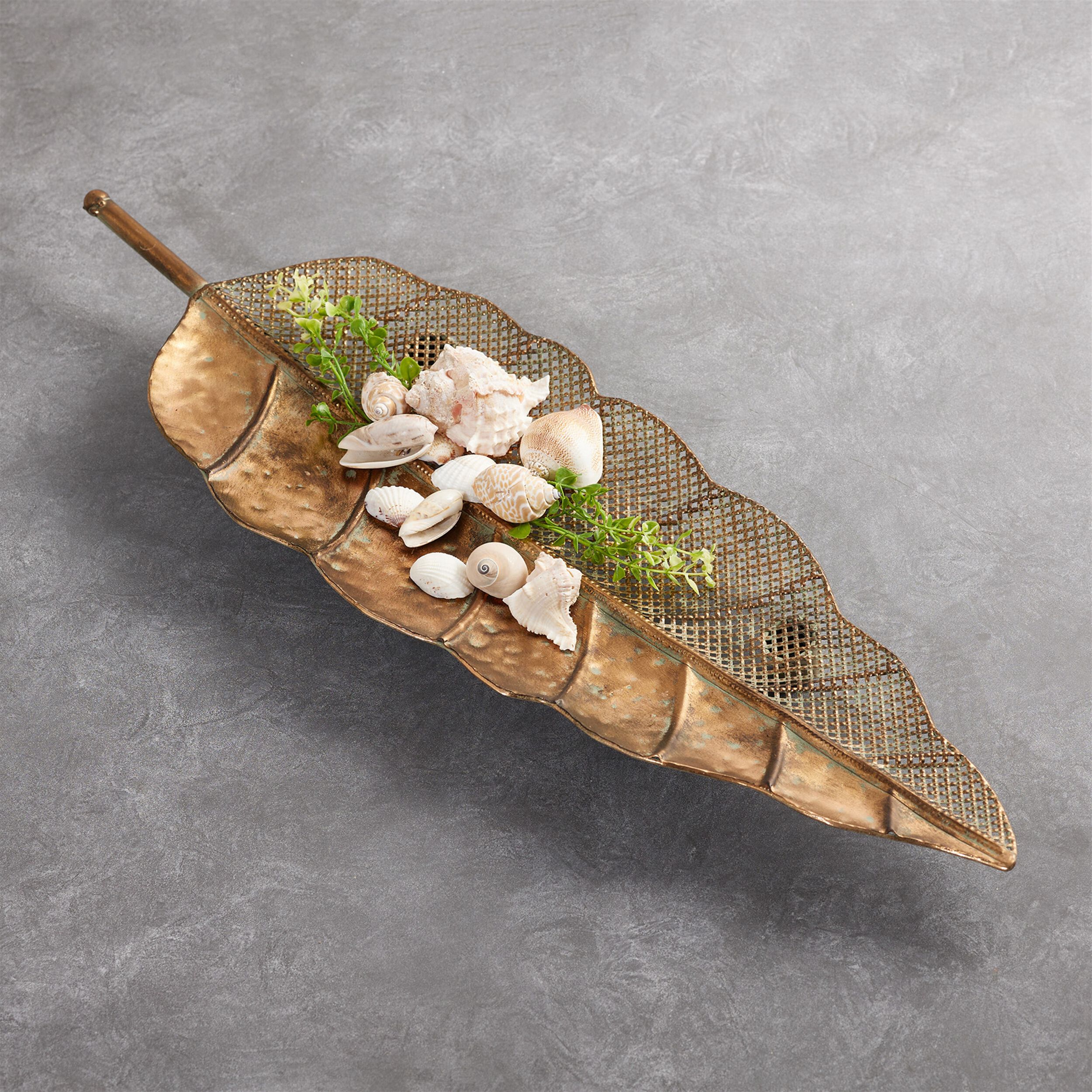 Distressed Metal Leaf Tray Set of 2, GOLD, alternate image number 1