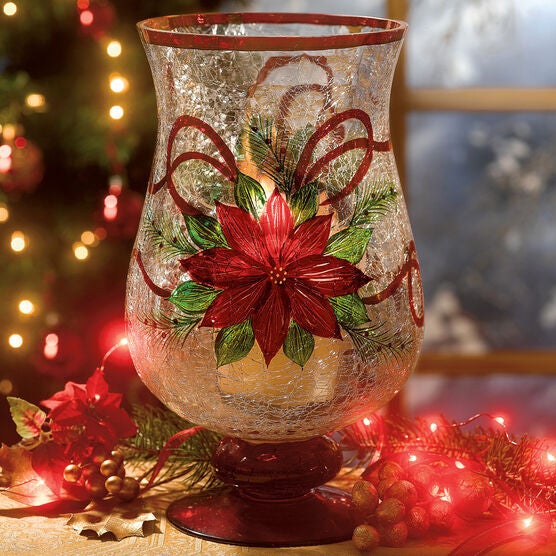 Holiday Hand-Painted Poinsettia Hurricane, POINSETTIA, hi-res image number null