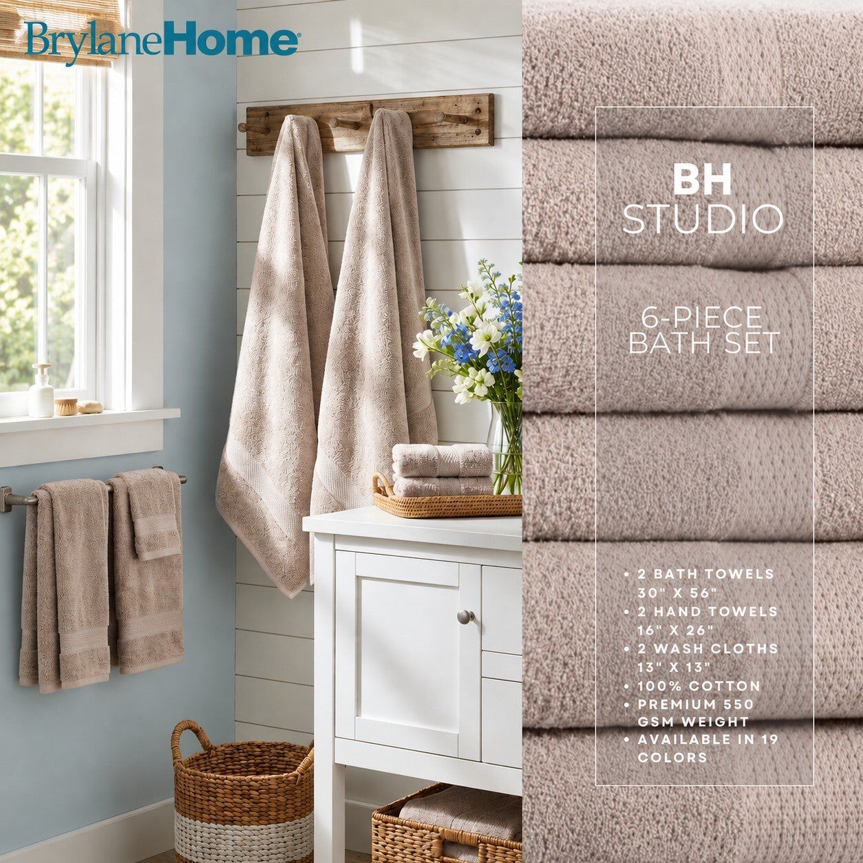 BH Studio 6-Piece Plush & Absorbent 100% Cotton Bath Towel Set