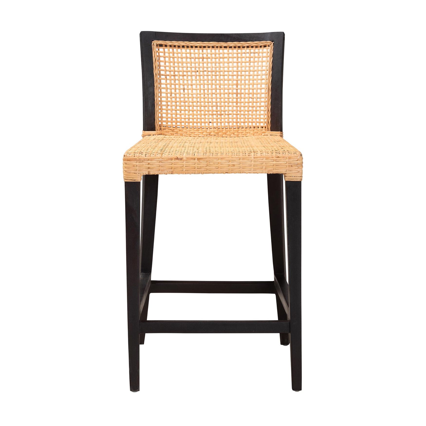Lingga Modern Bohemian Dark Brown Mahogany Wood And Natural Rattan Counter Stool, , on-hover image number 1