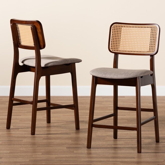 Dannon Mid-Century Modern Grey Fabric And Walnut Brown Finished Wood 2-Piece Counter Stool Set, , alternate image number null
