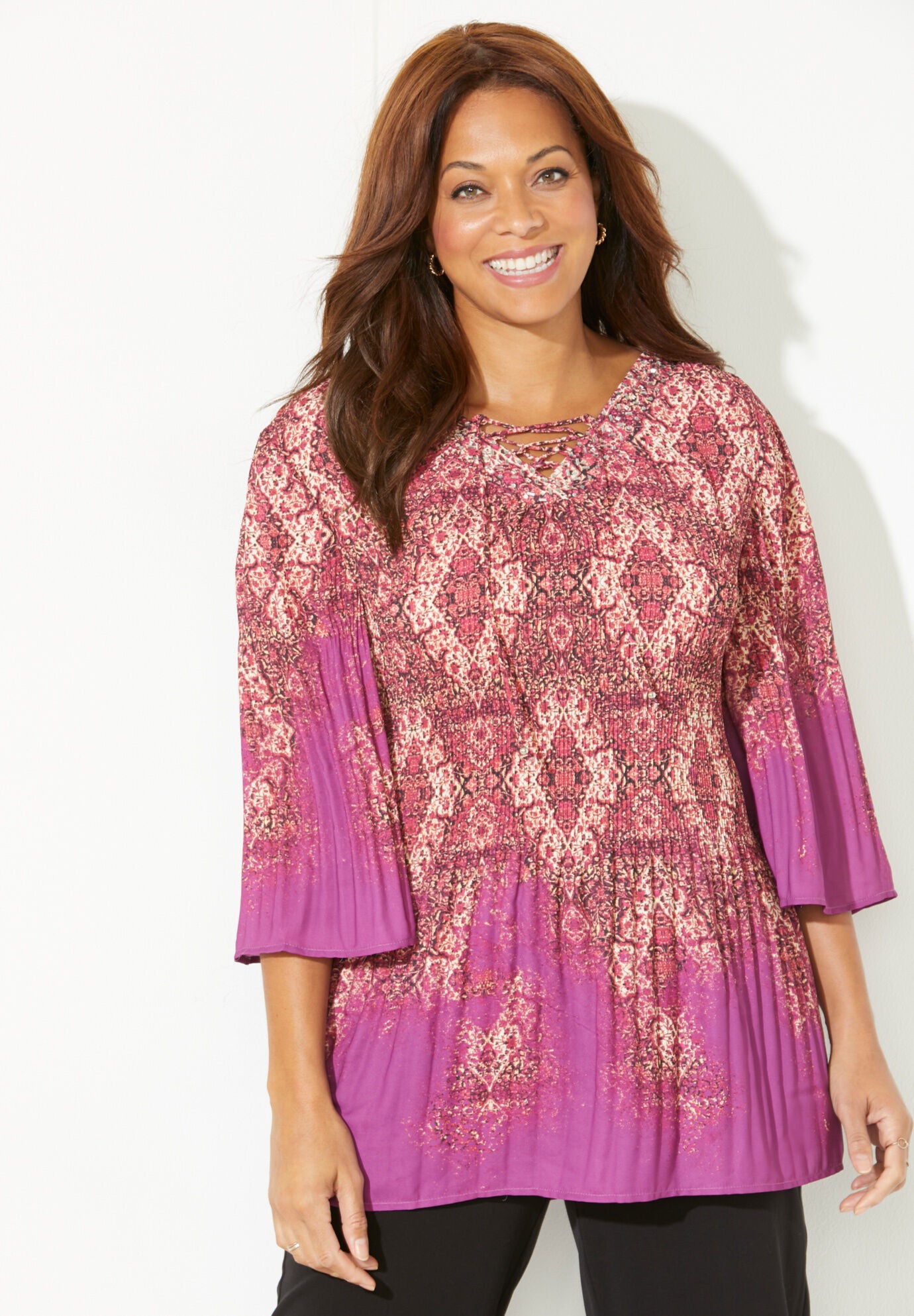 Lace-Up Pleated Blouse, BERRY PINK TAPESTRY BORDER PRINT, hi-res image number 0
