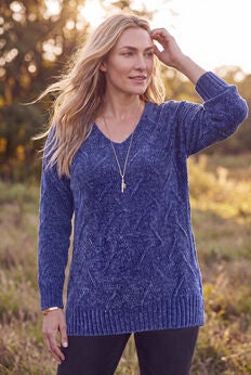 Chenille Pointelle V-Neck Pullover