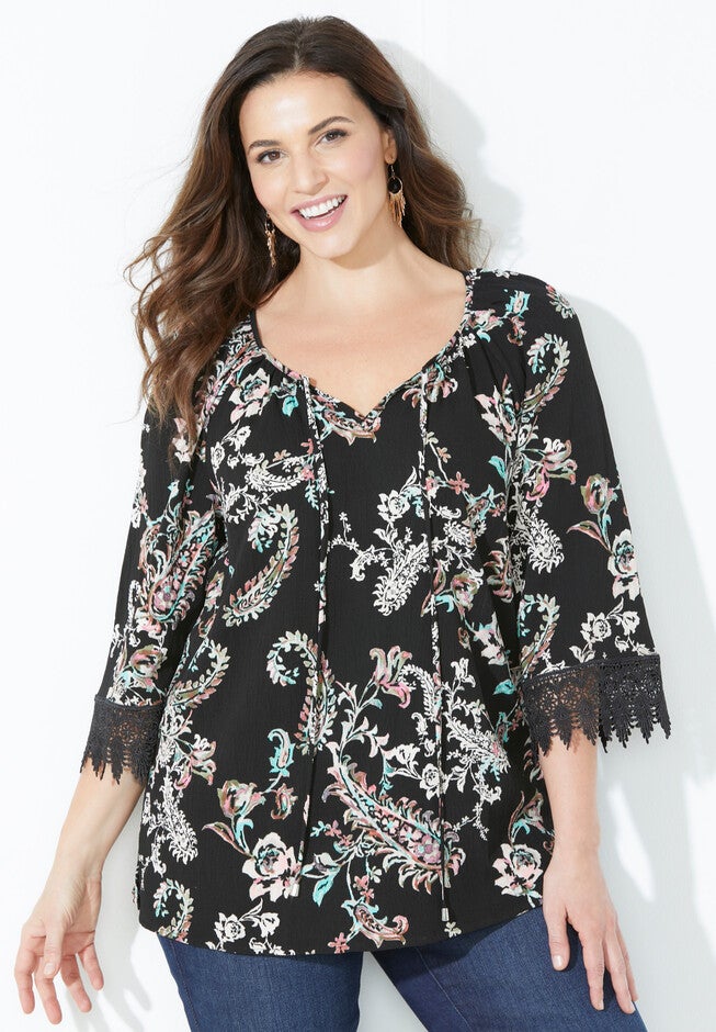 Crochet Trim Peasant Blouse Roaman's