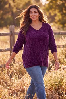 Chenille Pointelle V-Neck Pullover