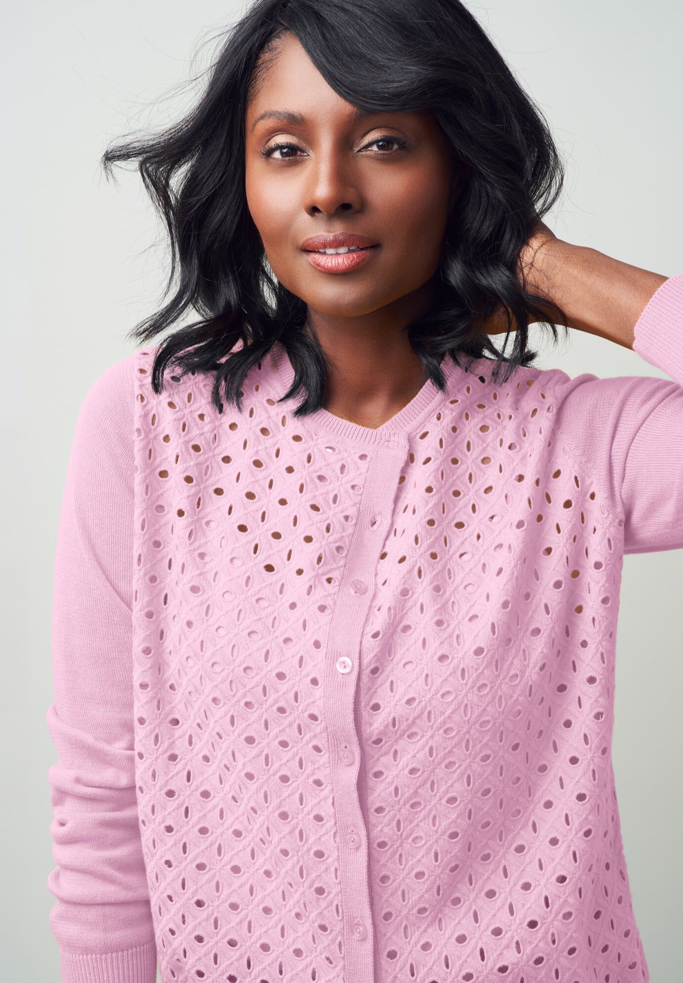 Fine Gauge Eyelet Cardigan, PINK, hi-res image number 0