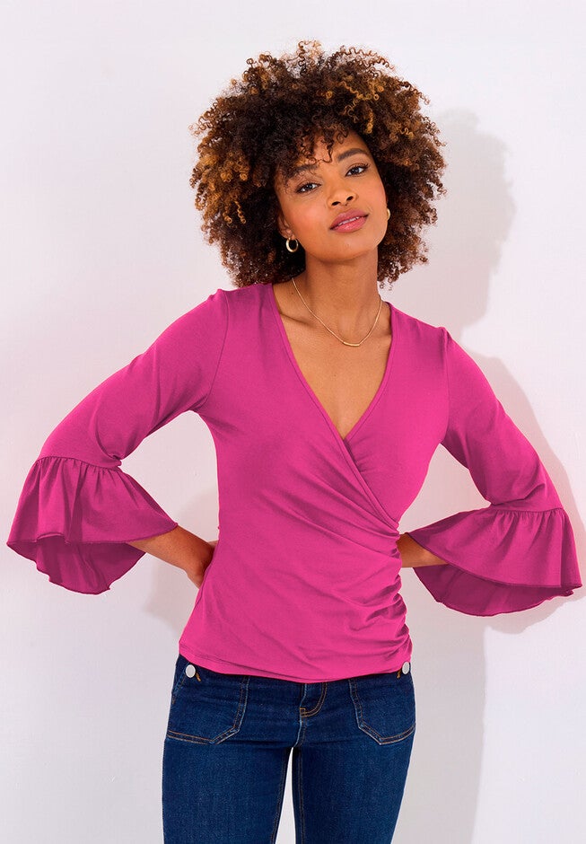Stretch Knit Bell Sleeve Top, HOT PINK, hi-res image number null