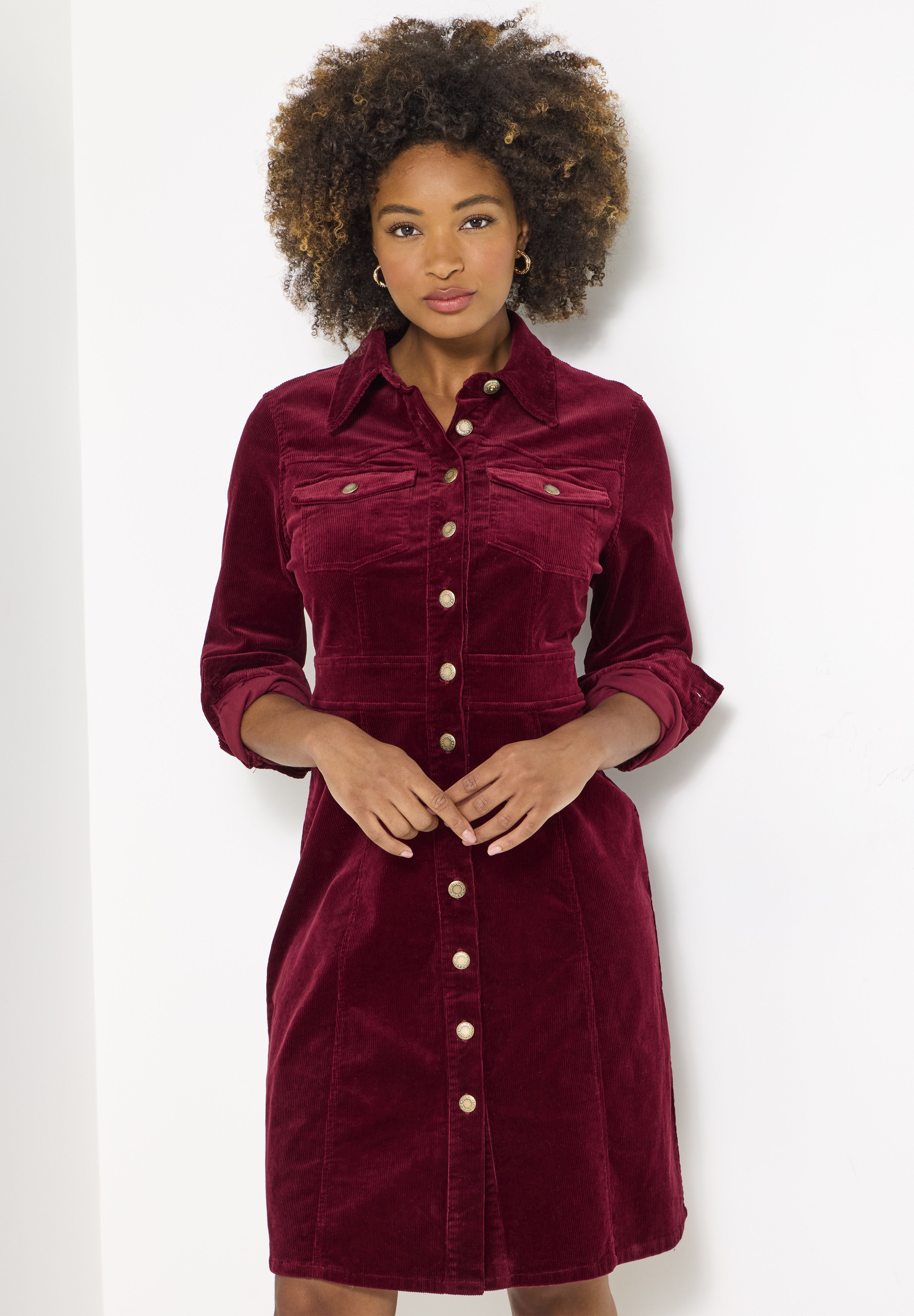 Corduroy Shirt Dress, BURGUNDY, hi-res image number 0