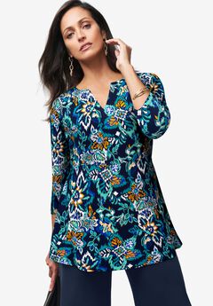 Stretch Knit Henley Notch Babydoll Tunic