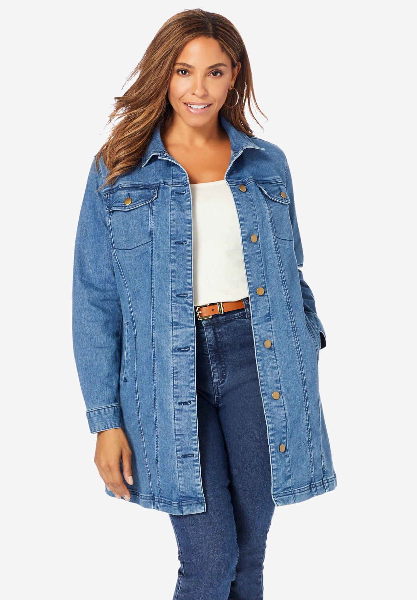 Fashionable Long Denim Jacket Medium Stonewash Roaman s