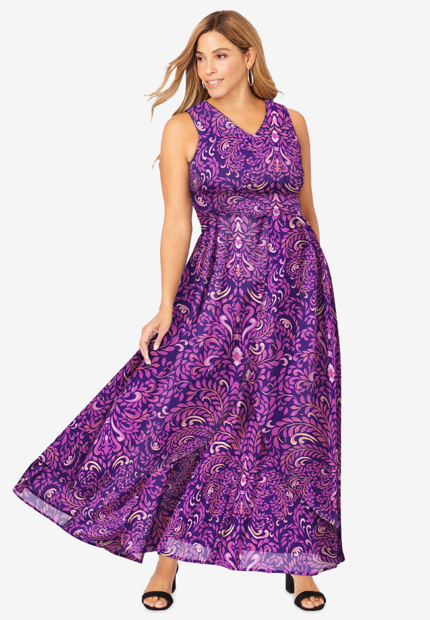 Stylish Flyaway Maxi Dress, Purple Painted Scroll Roaman's
