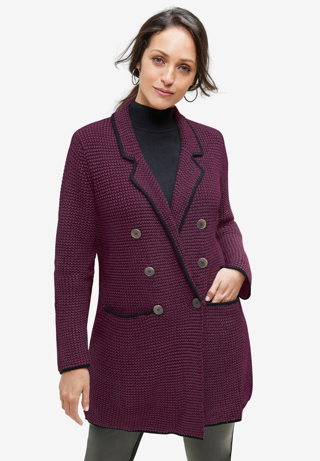 Double-Breasted Sweater Blazer, DEEP CLARET BLACK, hi-res image number null