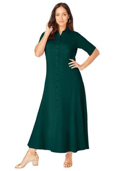 Stretch Cotton Button Front Maxi Dress