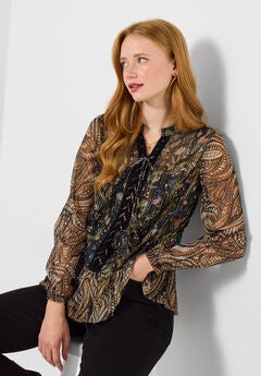 Sheer Metallic Lace-Up Blouse