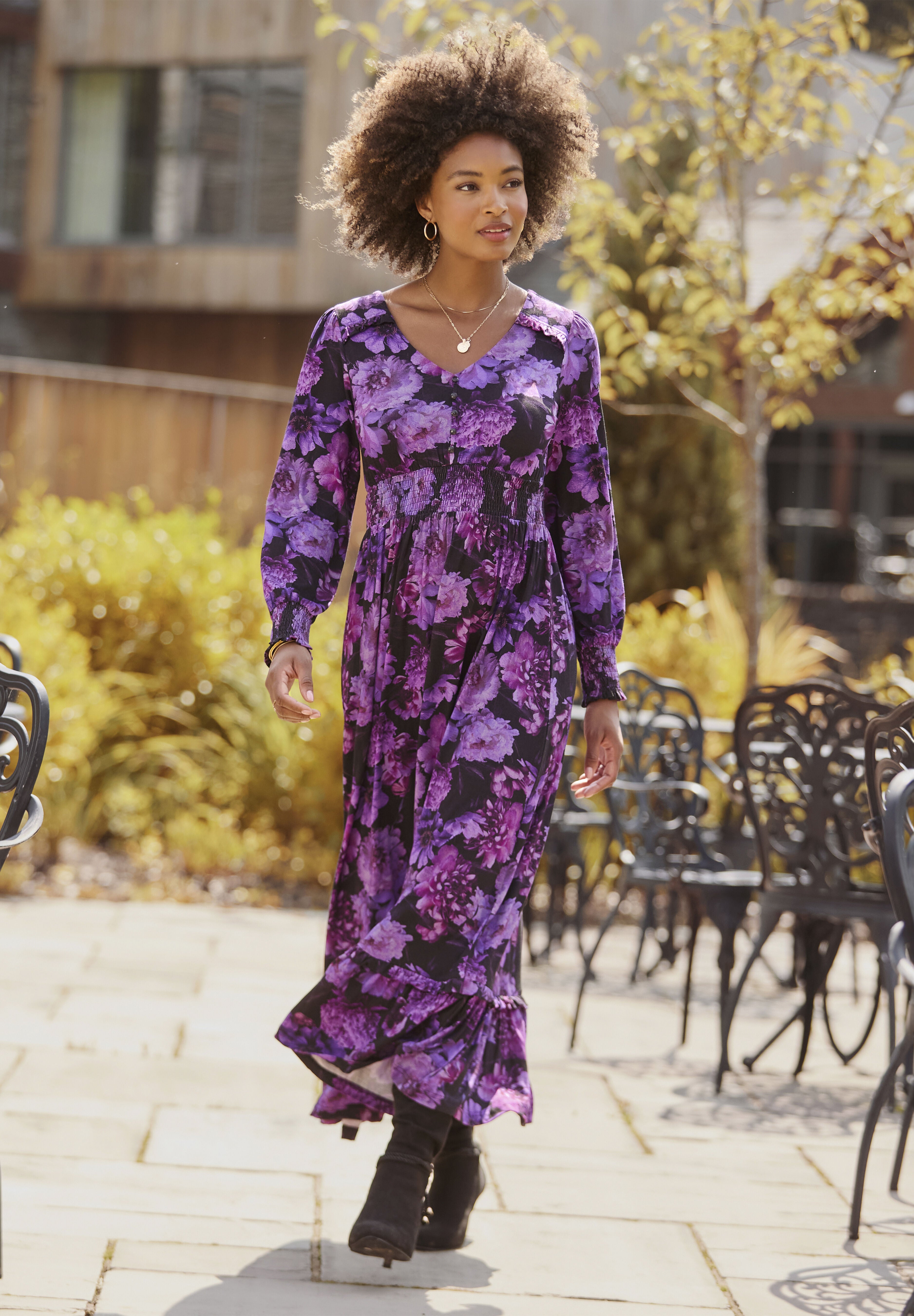 Stretch Knit Peasant Maxi Dress, PURPLE BLOSSOM, hi-res image number 0