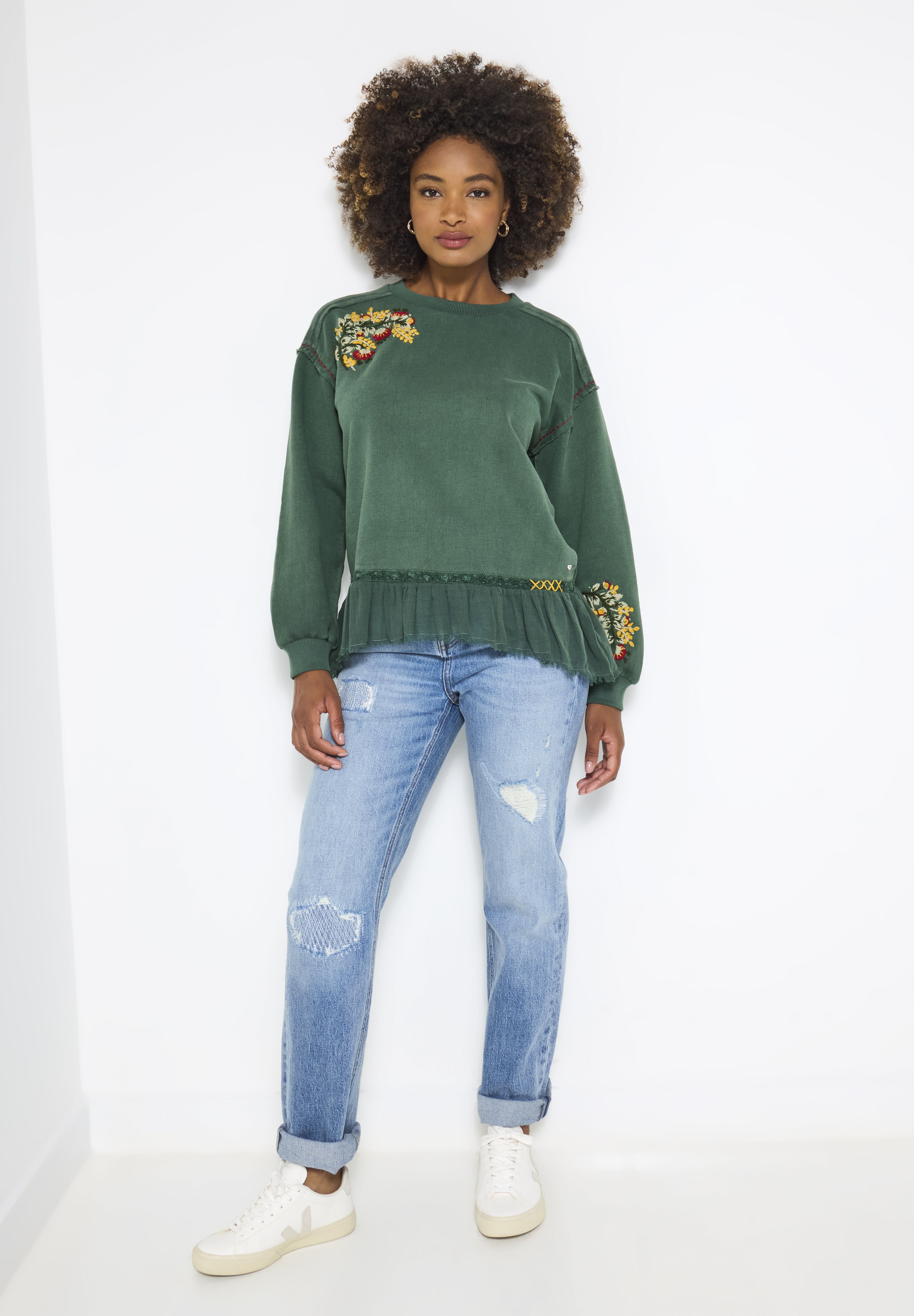 Peplum Sweatshirt, GREEN GARDEN EMBROIDERY, alternate image number 3
