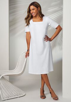 Stretch Cotton Square Neck Midi Dress