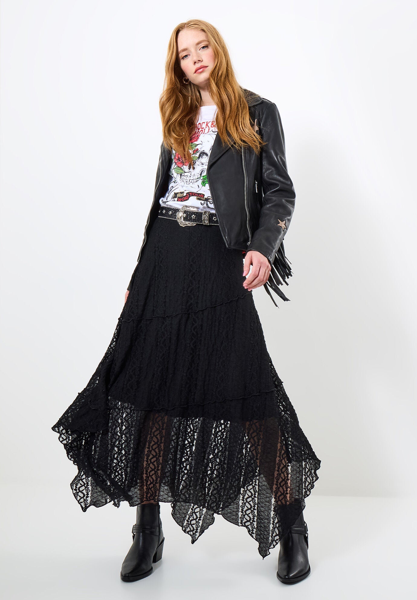Stretch Lace Hanky Hem Maxi Skirt