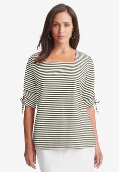 Stretch Cotton Tie Sleeve Square Neck Tee