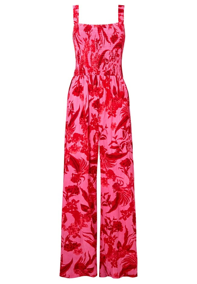 Smocked Crinkle Jumpsuit, PINK FLORAL, alternate image number null