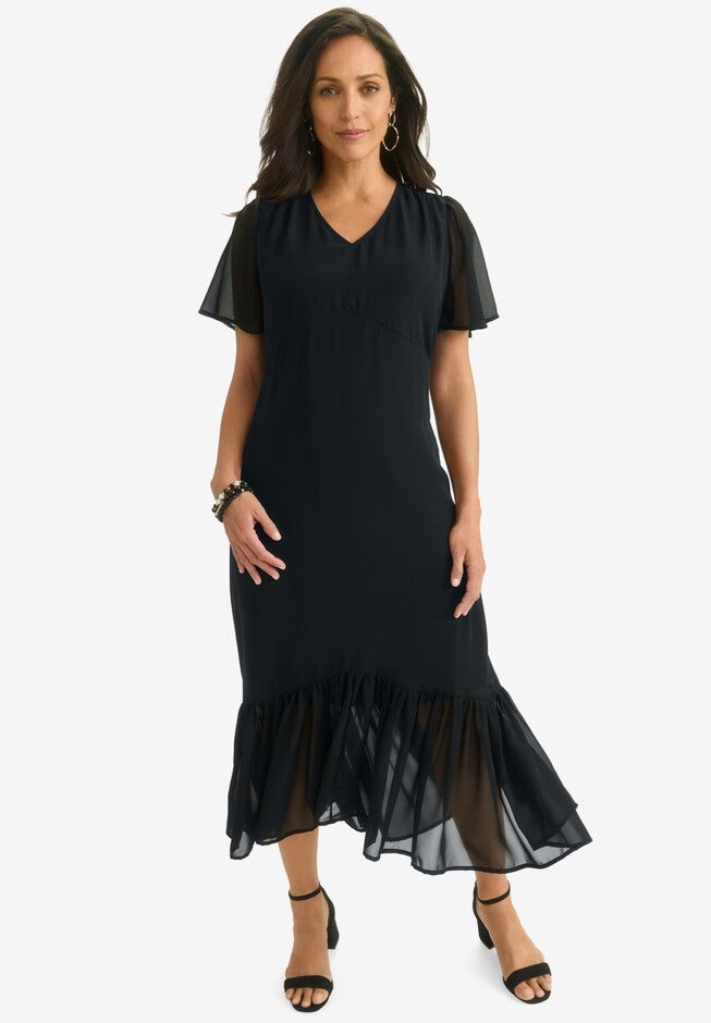 Georgette Flounce Hem Midi Dress, BLACK, hi-res image number 0