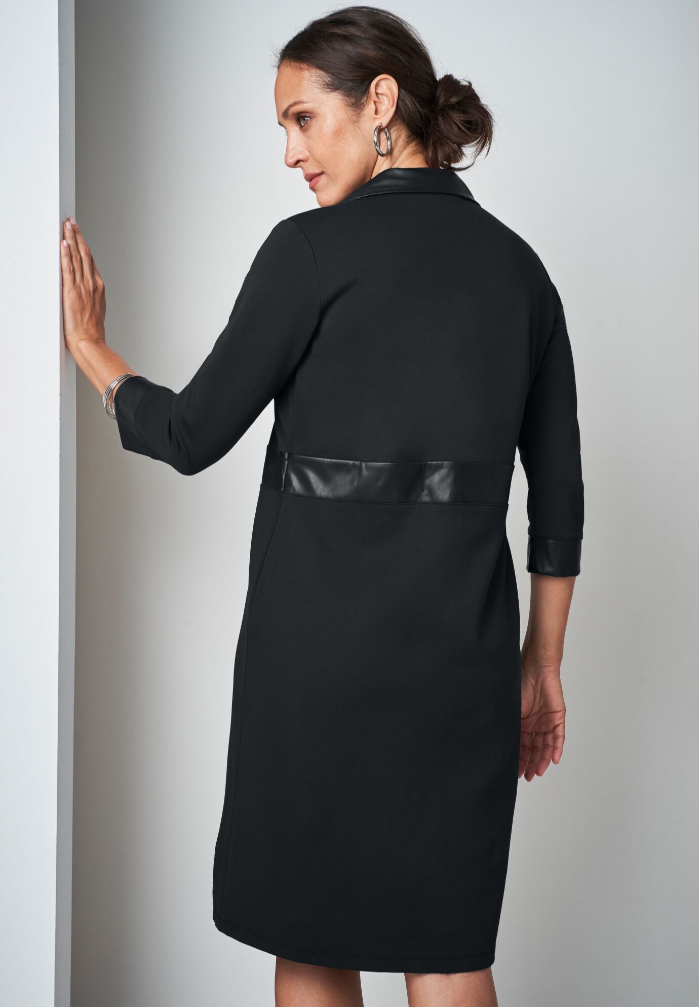 Faux Leather Trim Dress, BLACK, on-hover image number 1