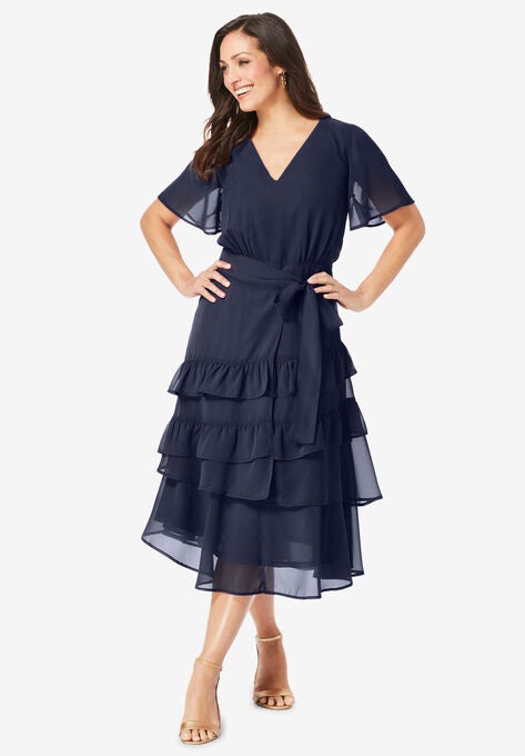 V-Neck Tiered Dress, NAVY, hi-res image number null