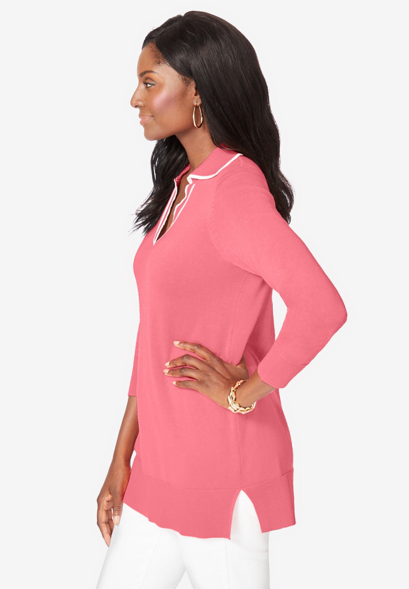 Fine Gauge Contrast Tipped Collar Sweater, , alternate image number 2