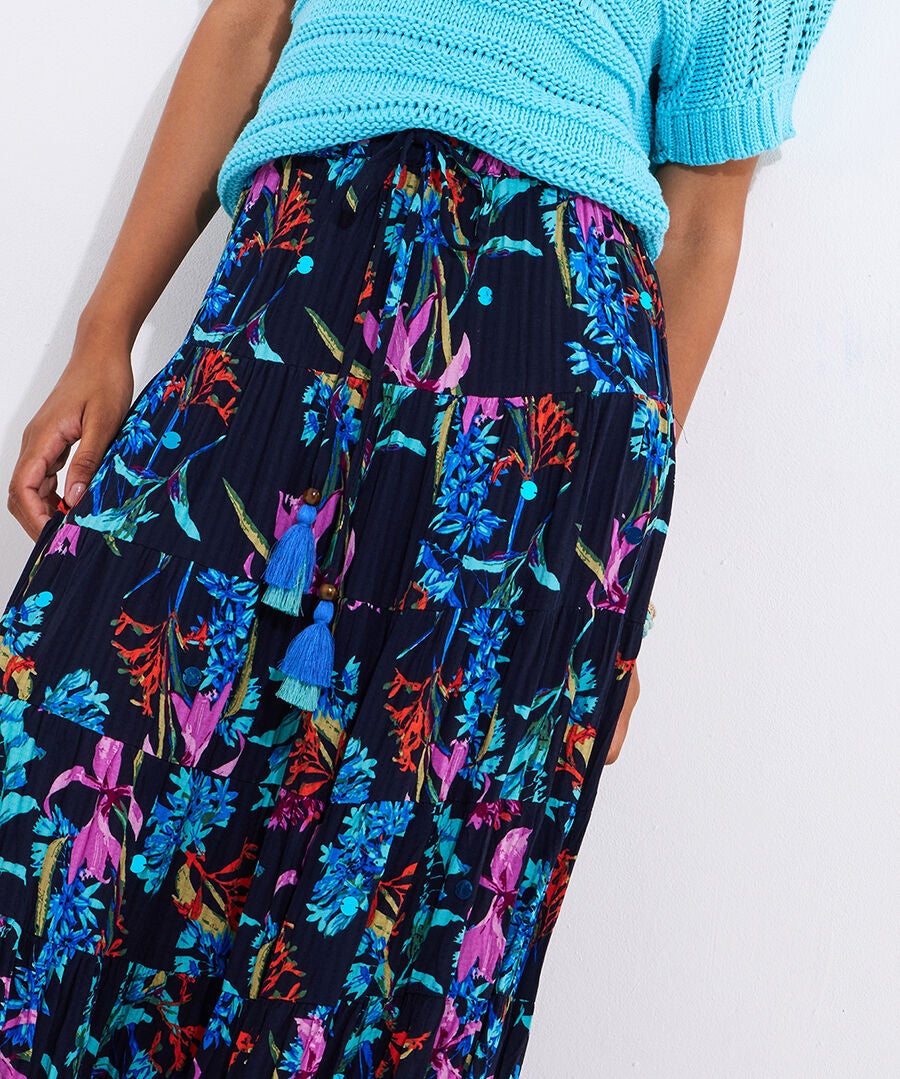Boho Tiered Maxi Skirt, FLORAL TROPICAL, on-hover image number 1