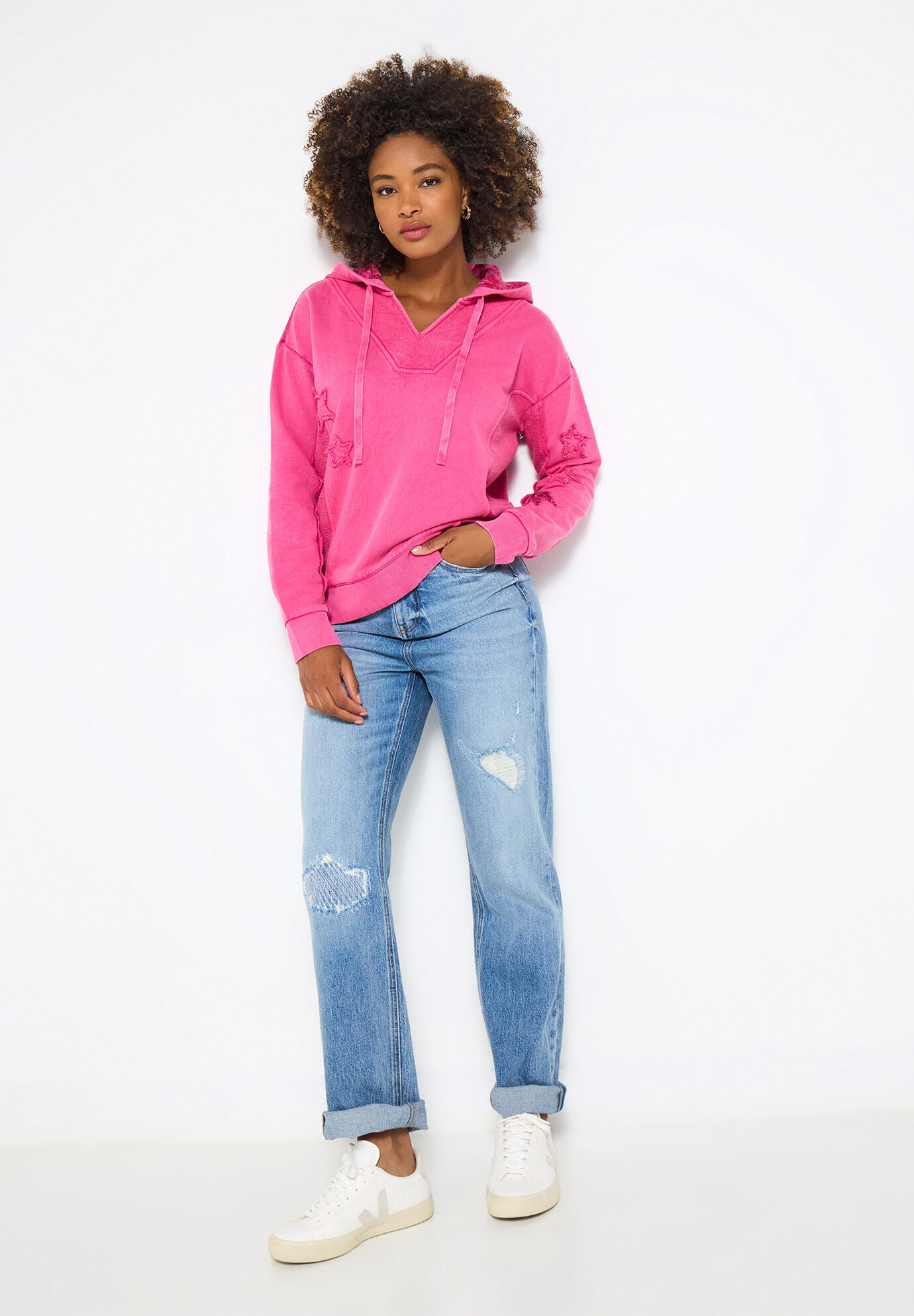 V Neck Star Hoodie, PRETTY PINK STARS, alternate image number 4
